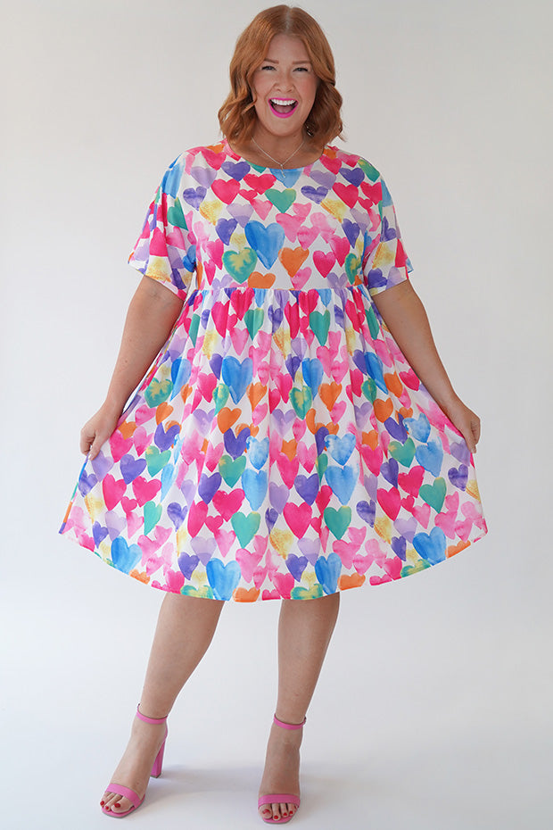 Allsorts Painterly Rainbow Hearts Dress โ Painterly Rainbow Hearts knee length dress