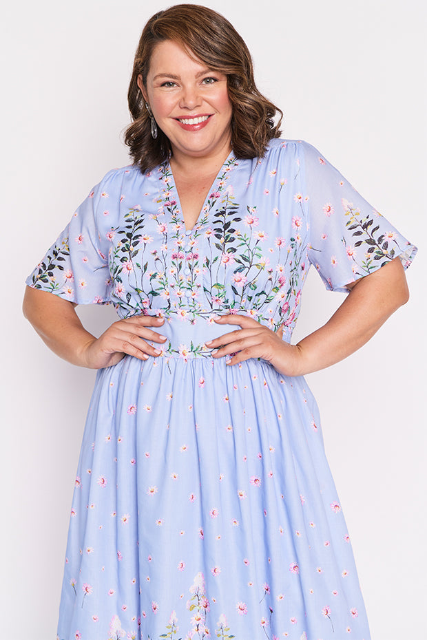 Stephanie Sky Dancing Clover Dress โ Sky Dancing Clover midi dress