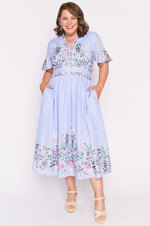 Stephanie Sky Dancing Clover Dress โ Sky Dancing Clover midi dress