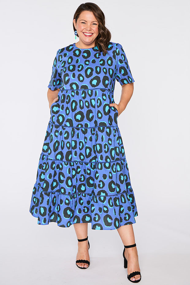 Aurelia Electric Blue Leopard Dress โ Electric Blue Leopard midi dress