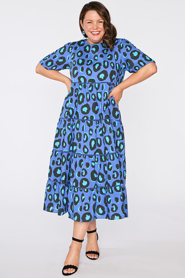Aurelia Electric Blue Leopard Dress – Electric Blue Leopard midi dress