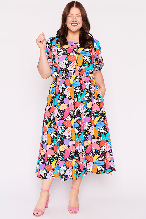 Bronwyn Rainbow Hibiscus Dress – Rainbow Hibiscus midi dress