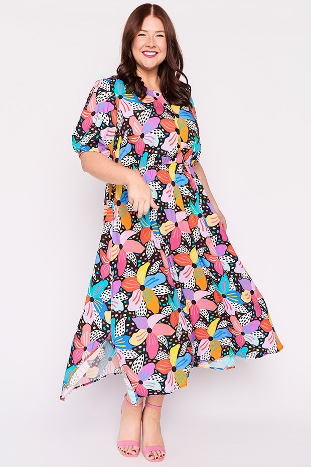 Bronwyn Rainbow Hibiscus Dress – Rainbow Hibiscus midi dress