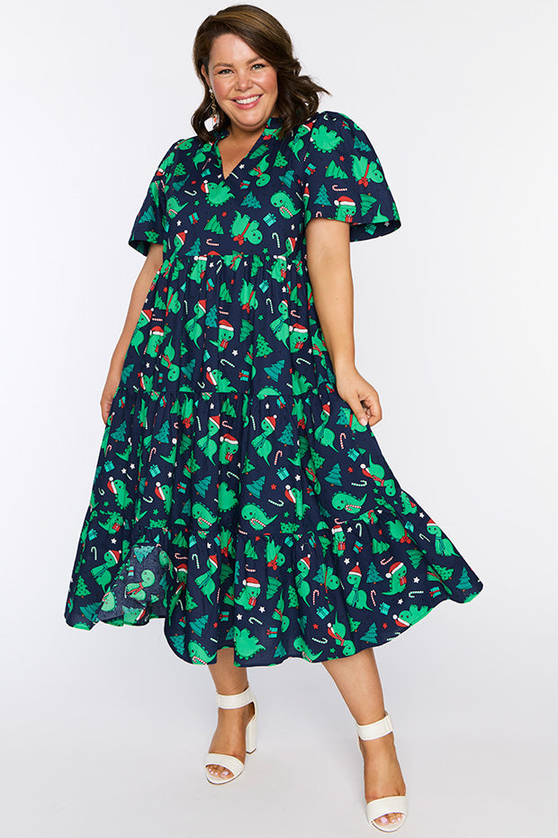 Clara Dino Christmas Dress โ Dino Christmas midi dress