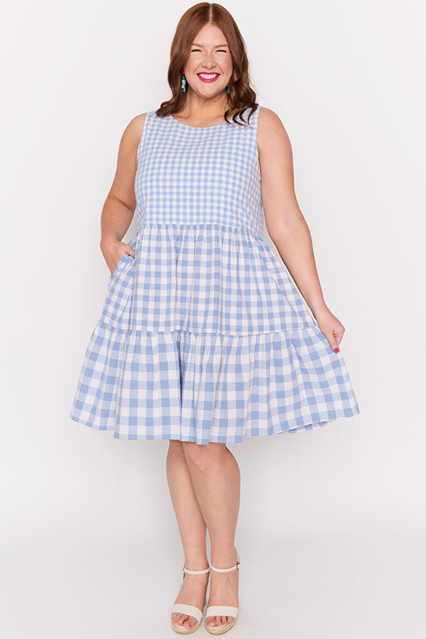 Joey Blue Gingham Dress – Blue Gingham knee length dress