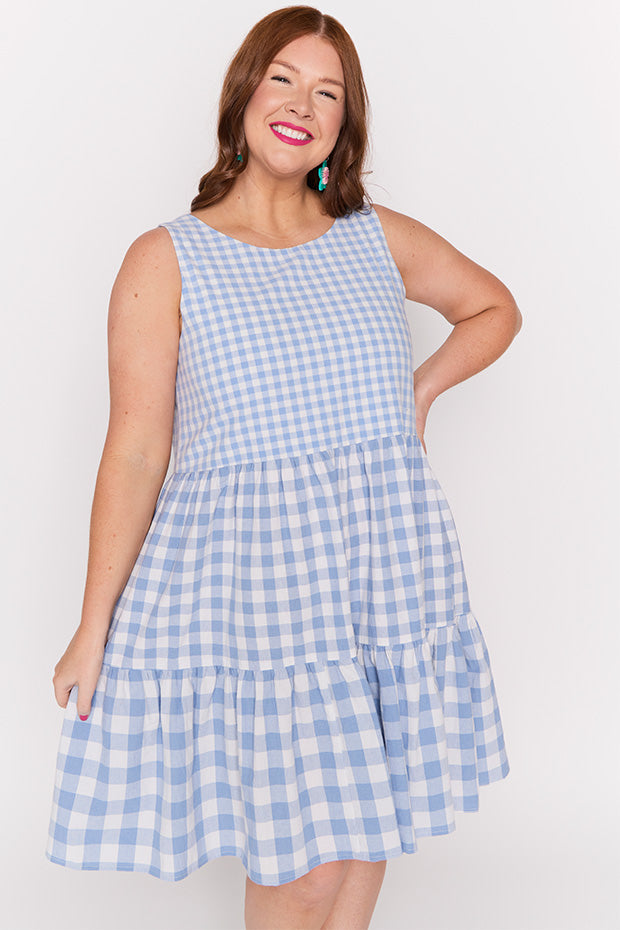 Joey Blue Gingham Dress – Blue Gingham knee length dress