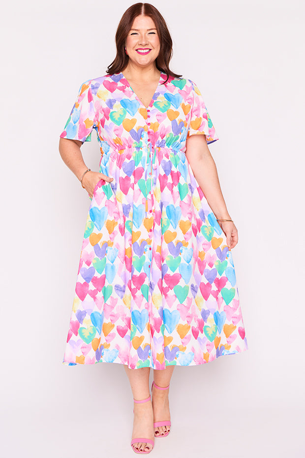 Marley Painterly Rainbow Hearts Dress – Painterly Rainbow Hearts midi dress