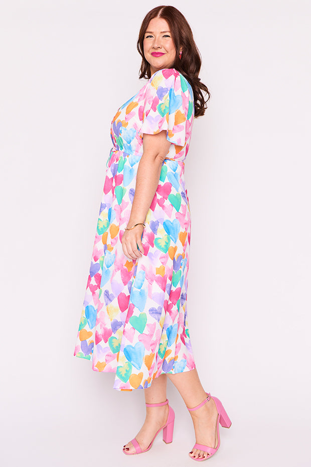 Marley Painterly Rainbow Hearts Dress – Painterly Rainbow Hearts midi dress