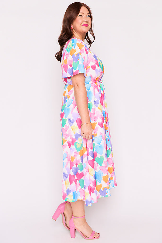 Marley Painterly Rainbow Hearts Dress – Painterly Rainbow Hearts midi dress