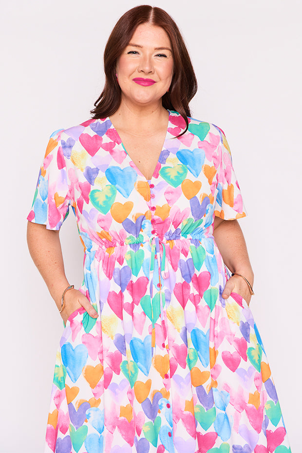 Marley Painterly Rainbow Hearts Dress – Painterly Rainbow Hearts midi dress