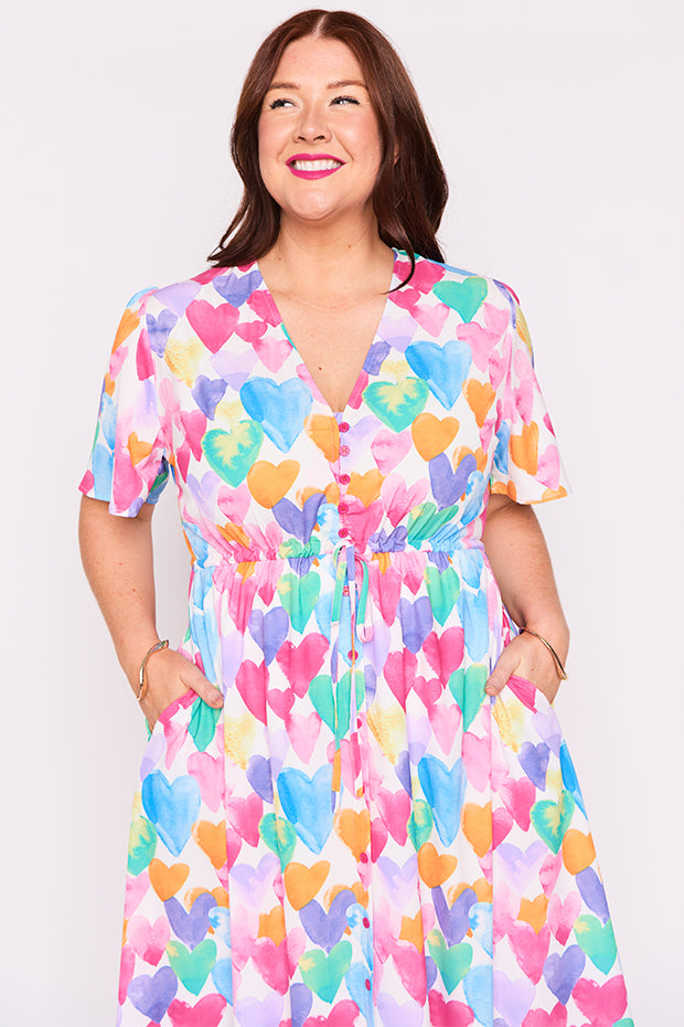 Marley Painterly Rainbow Hearts Dress – Painterly Rainbow Hearts midi dress