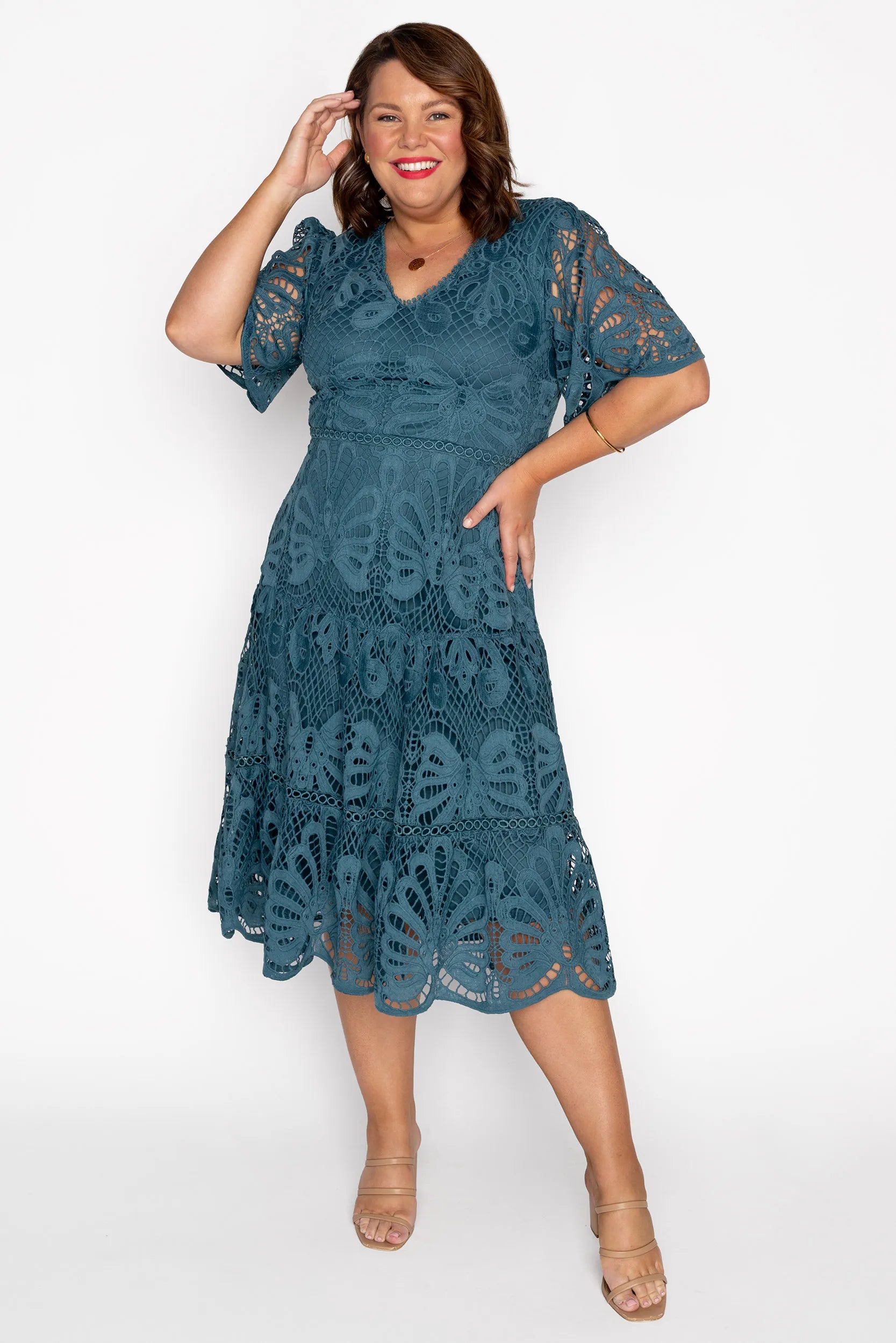 Nicolla Teal Lace Dress – Teal Lace midi dress