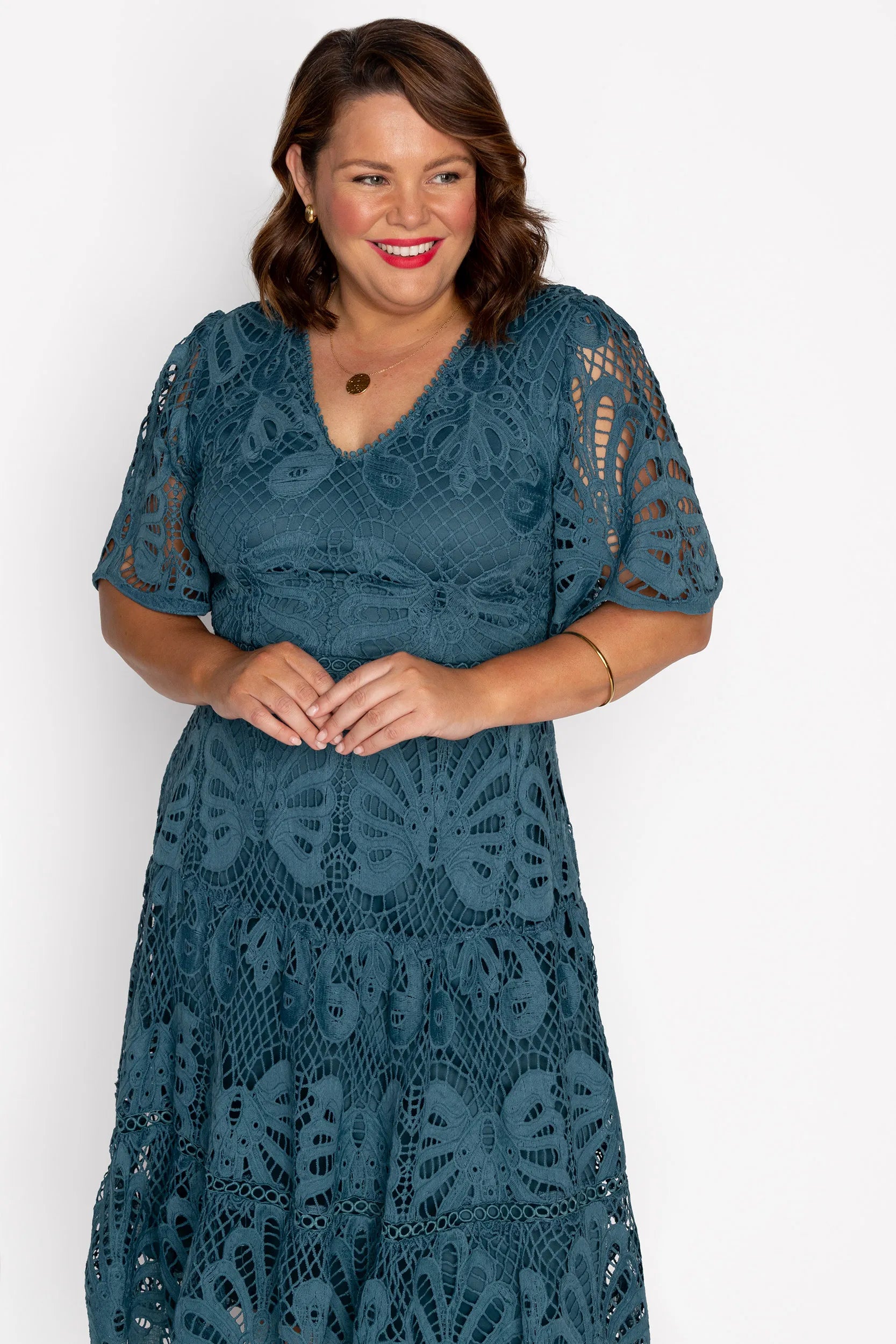 Nicolla Teal Lace Dress – Teal Lace midi dress