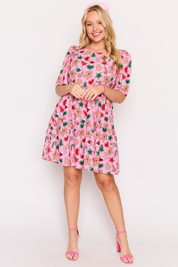 Jackson Pink Gingerbread Cookie Christmas Dress – Pink Gingerbread Cookie Christmas mini dress