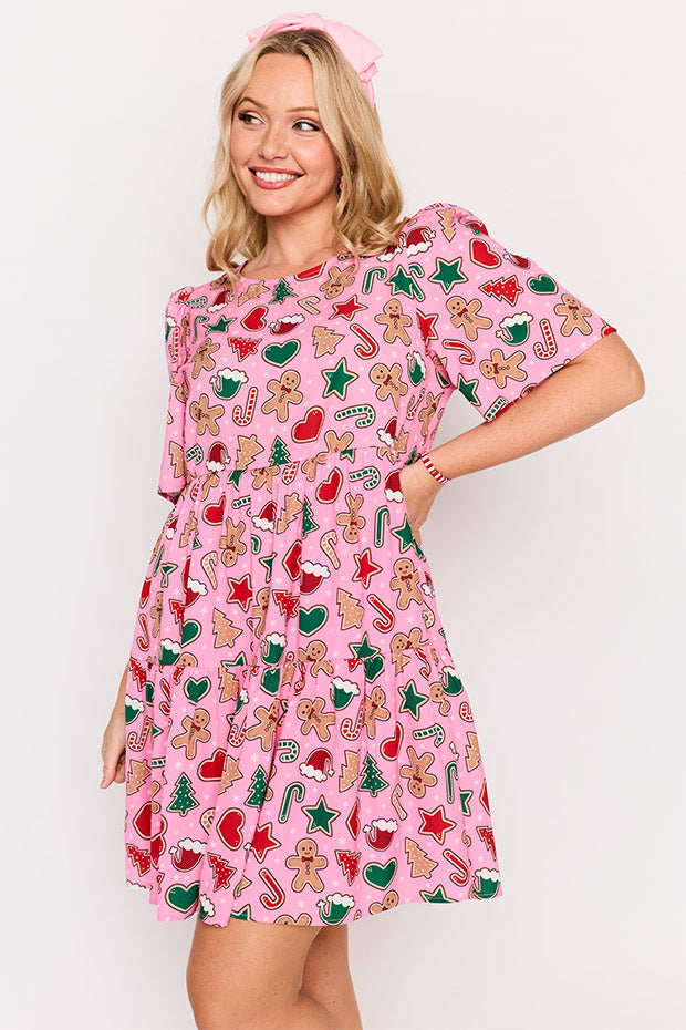 Jackson Pink Gingerbread Cookie Christmas Dress โ Pink Gingerbread Cookie Christmas mini dress