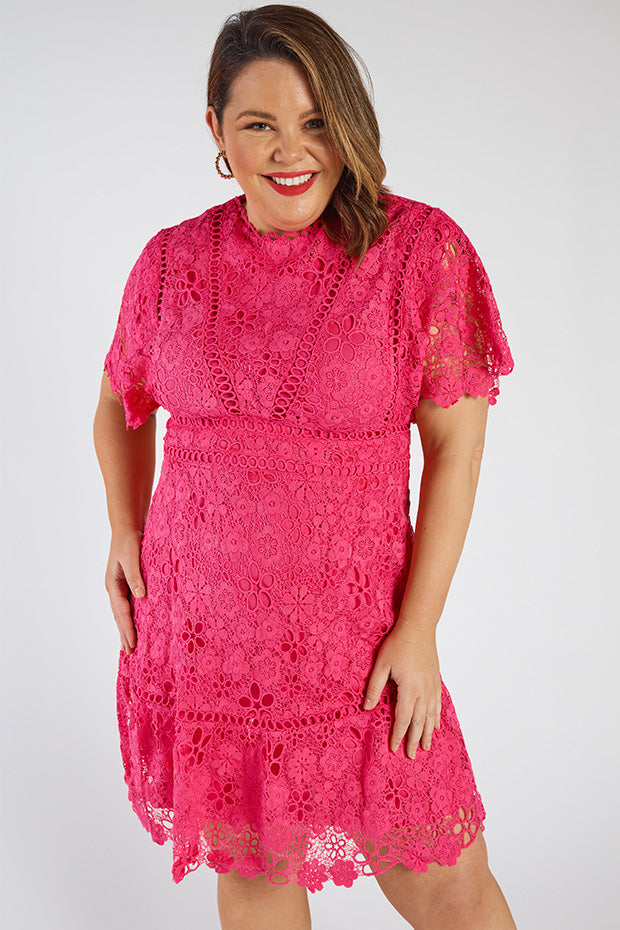 Melanie Pink Lace Dress – Pink Lace knee length dress