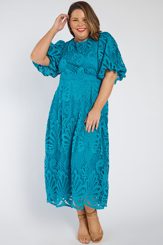 Neva Teal Lace Party Dress โ Teal Lace midi dress