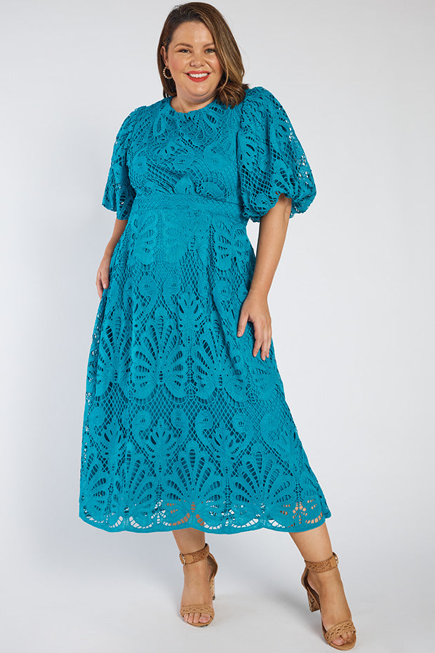 Neva Teal Lace Party Dress โ Teal Lace midi dress