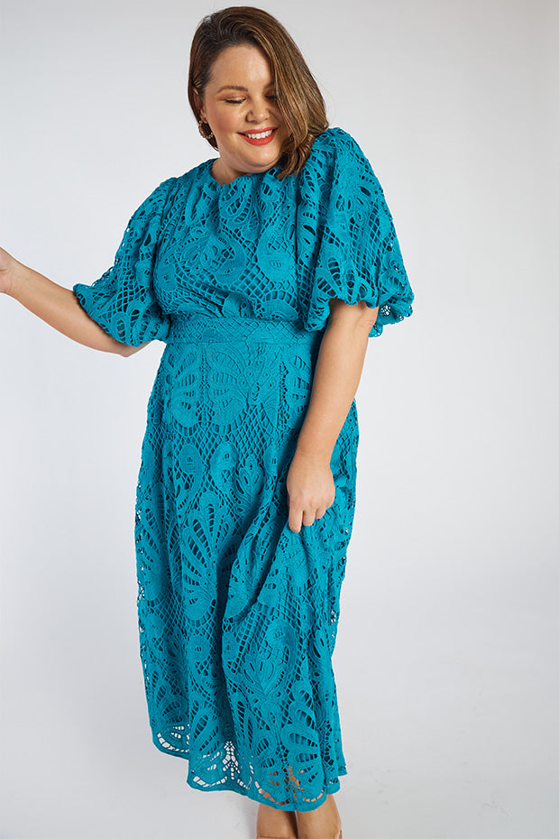 Neva Teal Lace Party Dress โ Teal Lace midi dress
