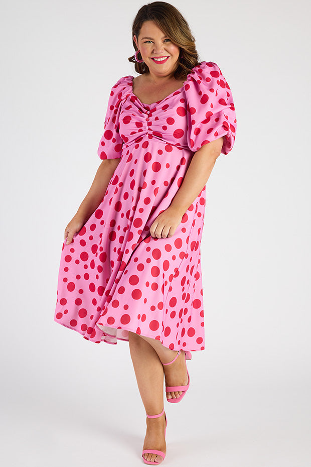 Demi Pink Multi Spot Dress โ Pink Multi Spot midi dress