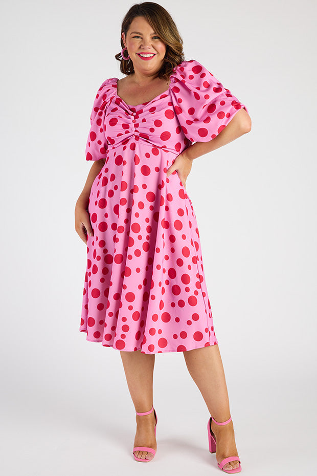 Demi Pink Multi Spot Dress – Pink Multi Spot midi dress