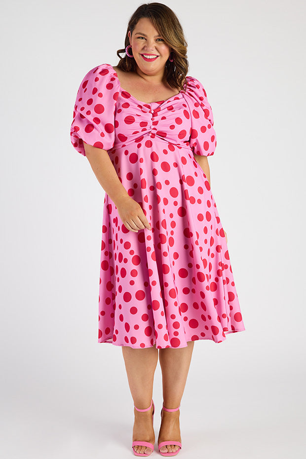 Demi Pink Multi Spot Dress – Pink Multi Spot midi dress