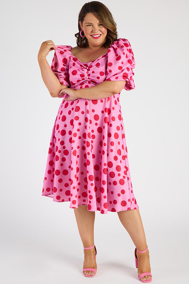 Demi Pink Multi Spot Dress – Pink Multi Spot midi dress
