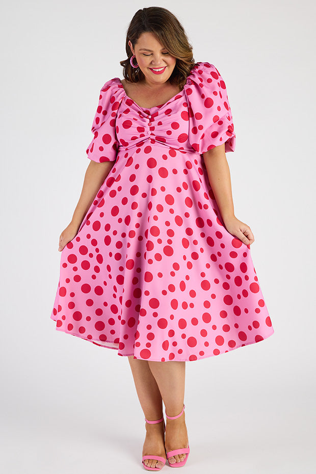 Demi Pink Multi Spot Dress – Pink Multi Spot midi dress