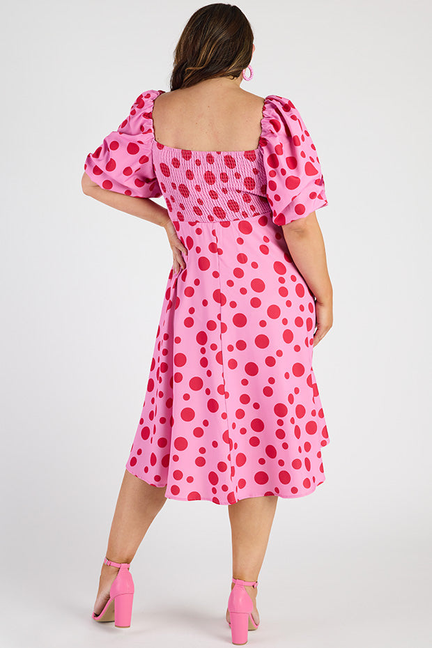 Demi Pink Multi Spot Dress – Pink Multi Spot midi dress