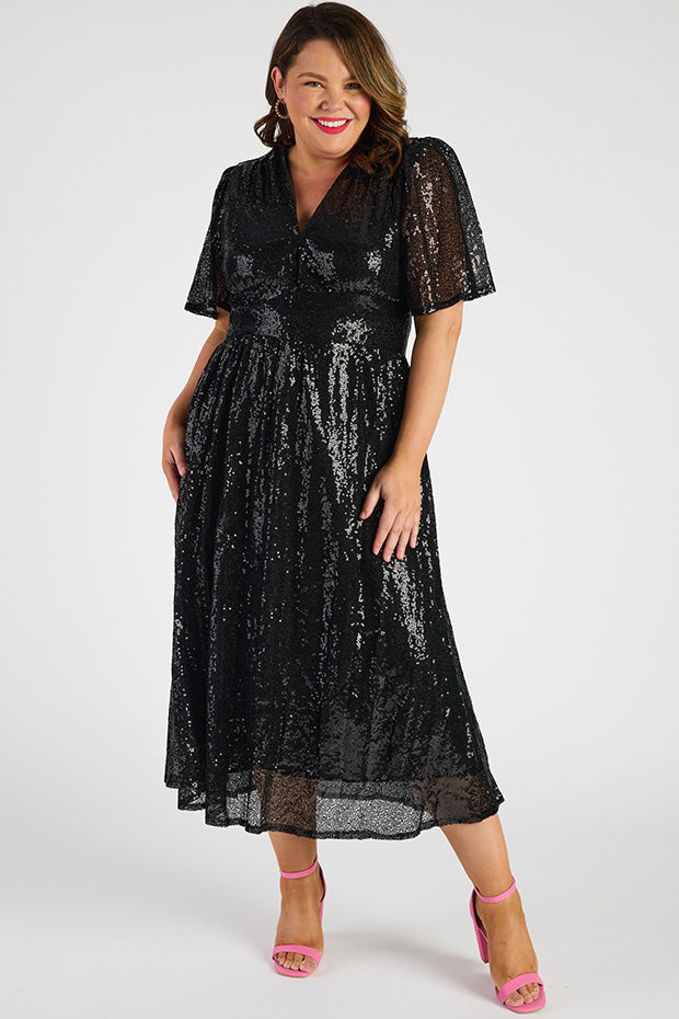 Tamie Black Party Sequins Dress – Black Party Sequins midi dress