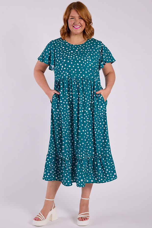 Trinity Teal Spot Dress โ Teal Spot midi dress