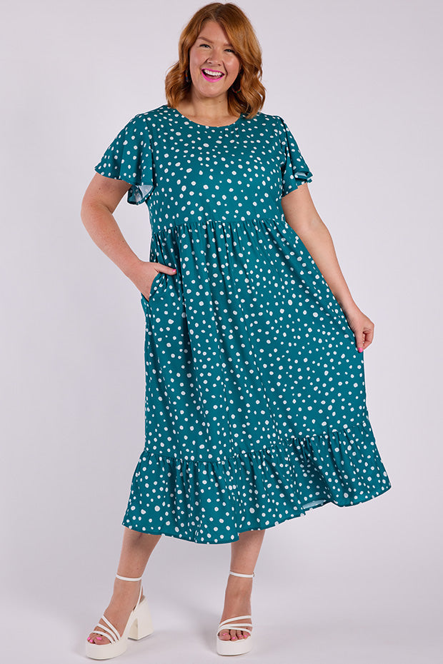 Trinity Teal Spot Dress โ Teal Spot midi dress