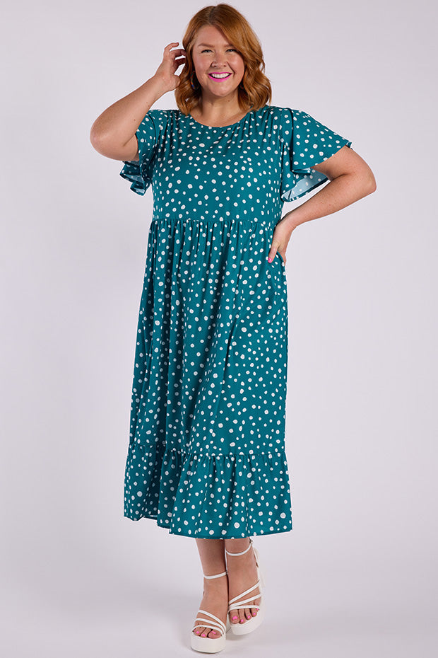 Trinity Teal Spot Dress โ Teal Spot midi dress