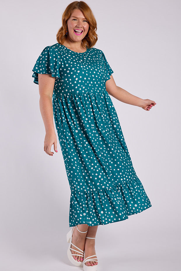 Trinity Teal Spot Dress โ Teal Spot midi dress