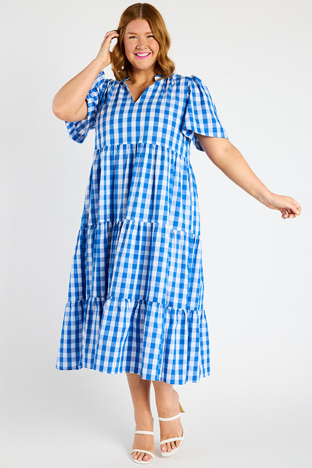 Clara Cobalt Gingham Dress – Cobalt Gingham midi dress
