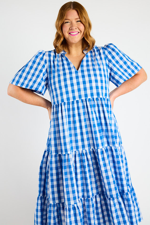 Clara Cobalt Gingham Dress – Cobalt Gingham midi dress