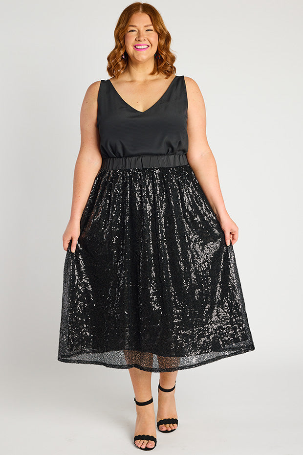 Eras Black Sequin Skirt – Black Sequin midi skirt