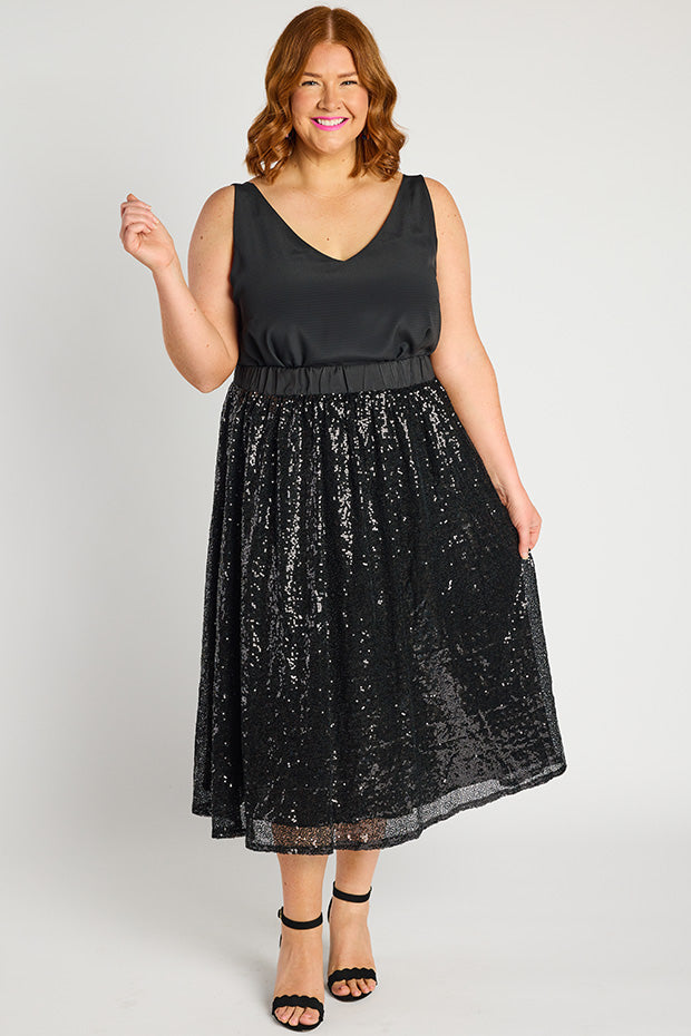 Eras Black Sequin Skirt – Black Sequin midi skirt