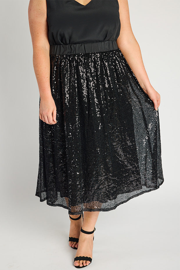 Eras Black Sequin Skirt – Black Sequin midi skirt