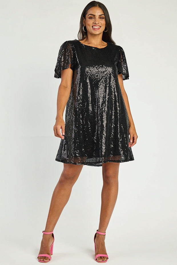 Taylor Black Sequin Dress – Black Sequin knee length dress