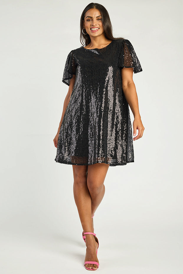 Taylor Black Sequin Dress – Black Sequin knee length dress