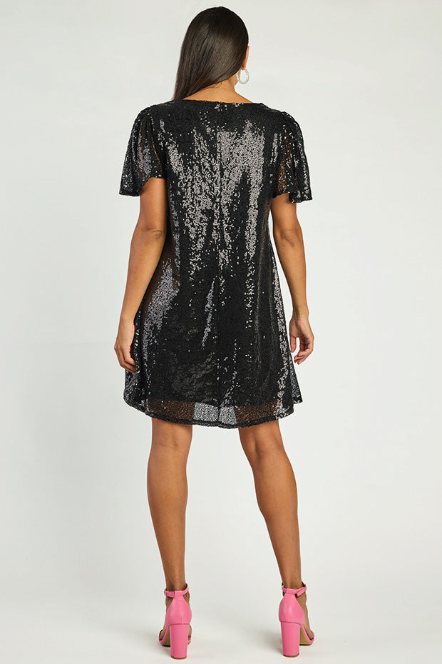 Taylor Black Sequin Dress – Black Sequin knee length dress