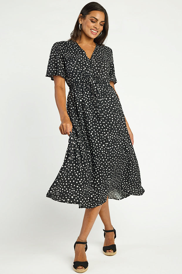 Michelle Black Irregular Spot Dress โ Black Irregular Spot midi dress