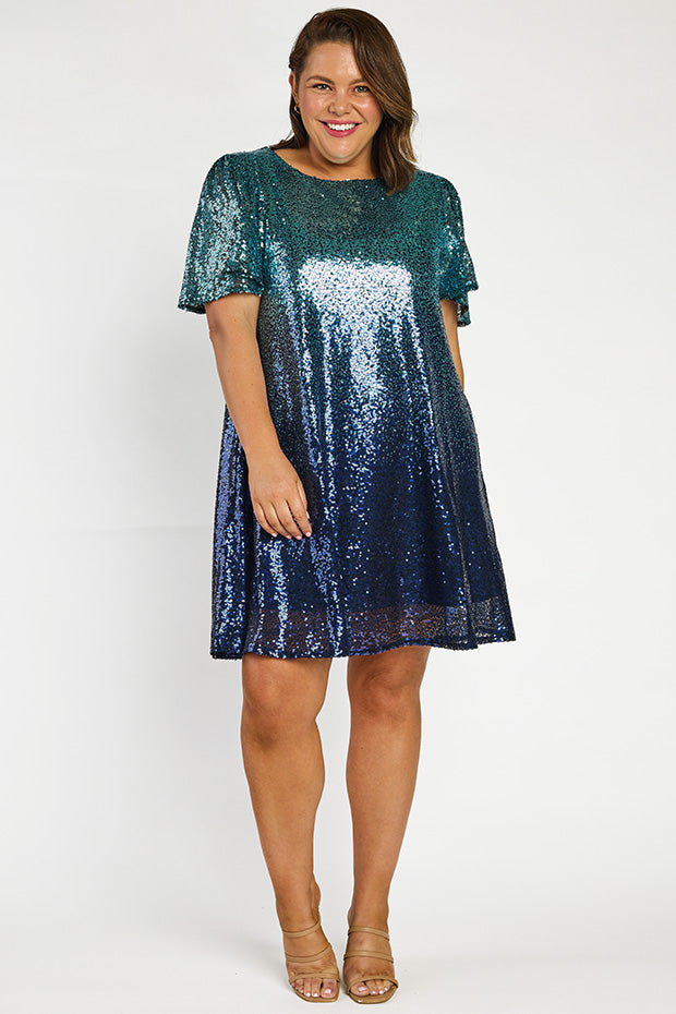 Taylor Ombre Blue Sequin Dress – Ombre Blue Sequin knee length dress