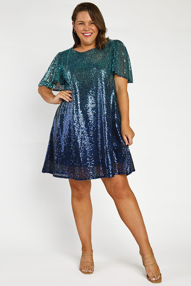 Taylor Ombre Blue Sequin Dress – Ombre Blue Sequin knee length dress