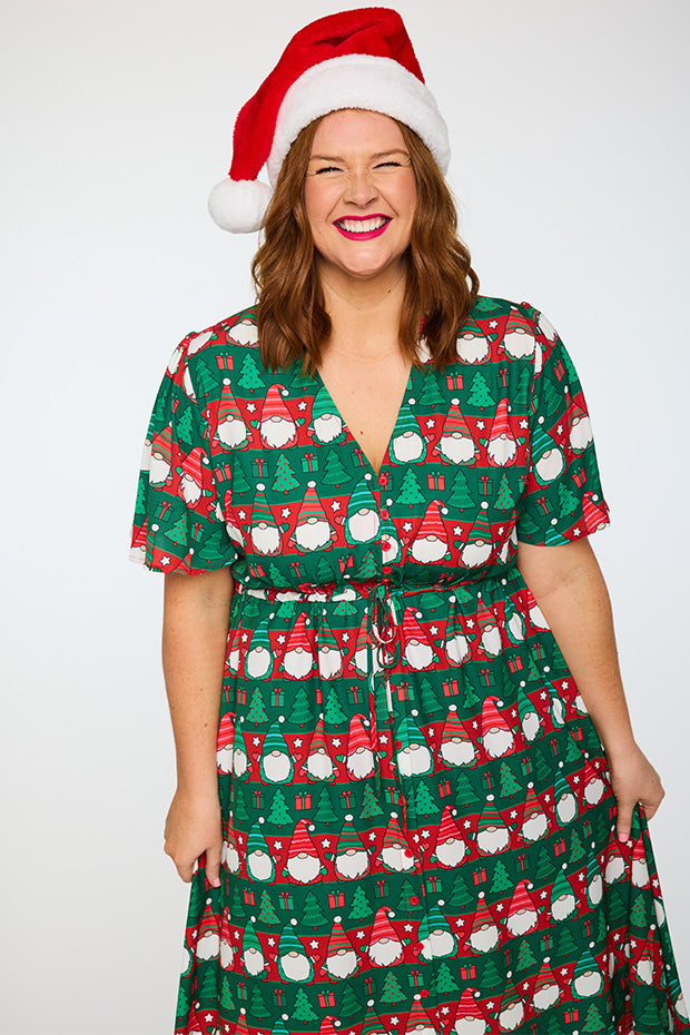 Marley Christmas Gnomes Dress โ Christmas Gnomes midi dress