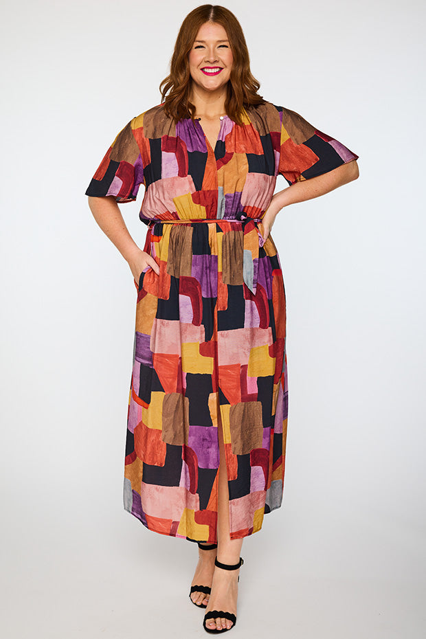 Ebony Geo Sunset Dress โ Geo Sunset midi dress