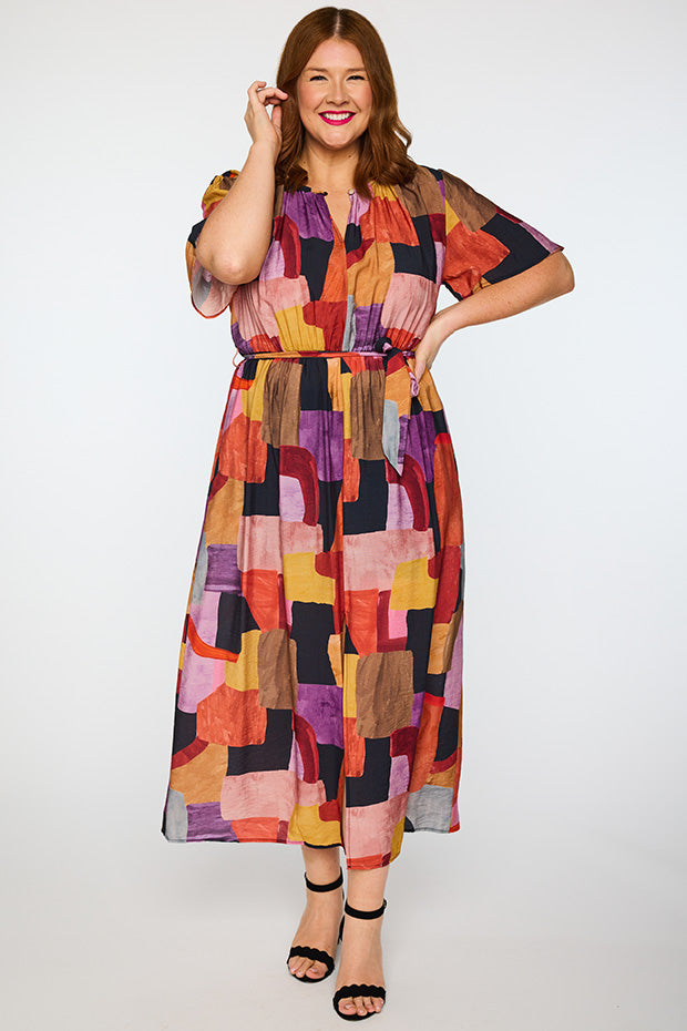 Ebony Geo Sunset Dress โ Geo Sunset midi dress