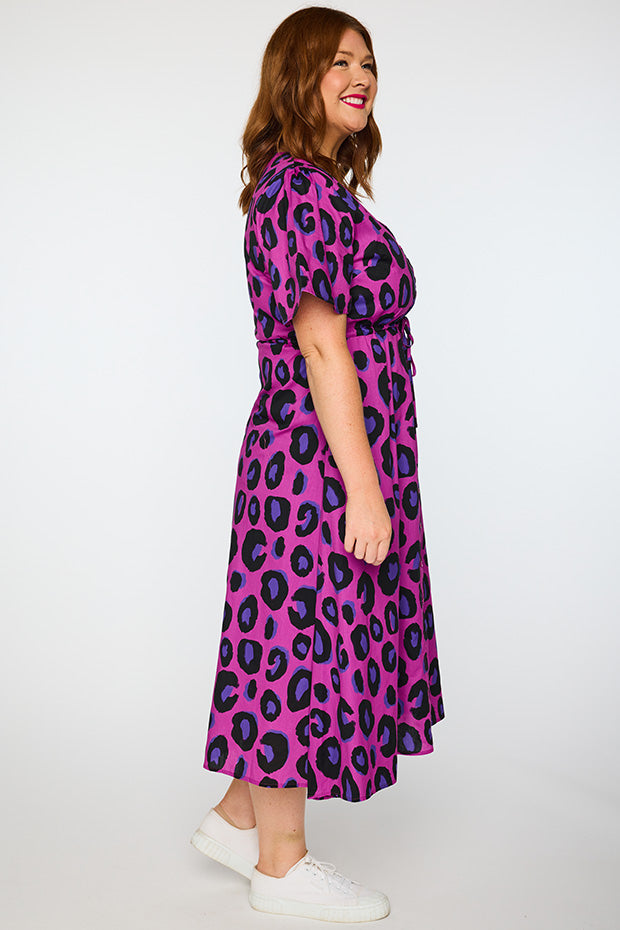 Marley Cotton Purple Leopard Dress โ Purple Leopard midi dress
