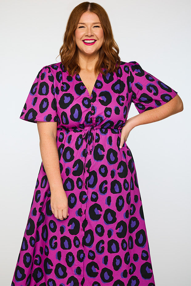 Marley Cotton Purple Leopard Dress โ Purple Leopard midi dress